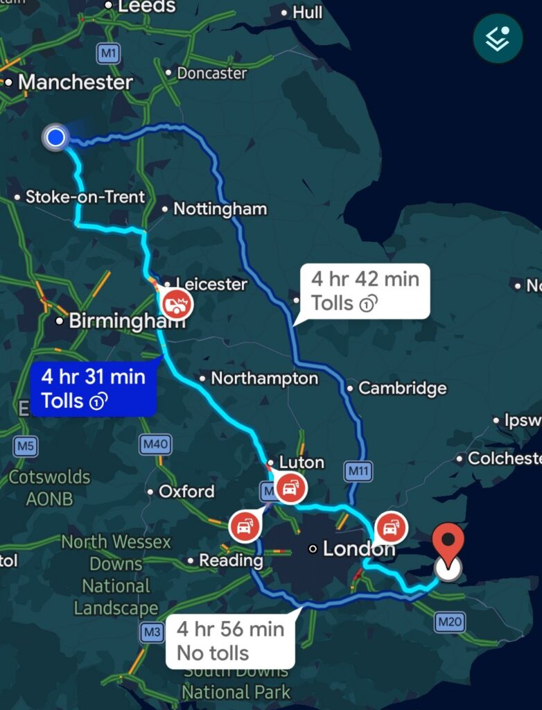 Map showing local same-day courier coverage across the East Midlands